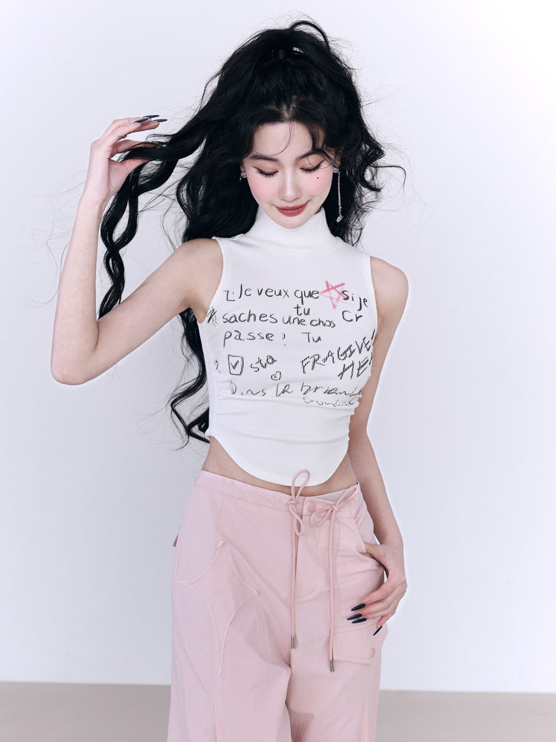 High-neck Sleeveless Round-cut Handwriting Tops