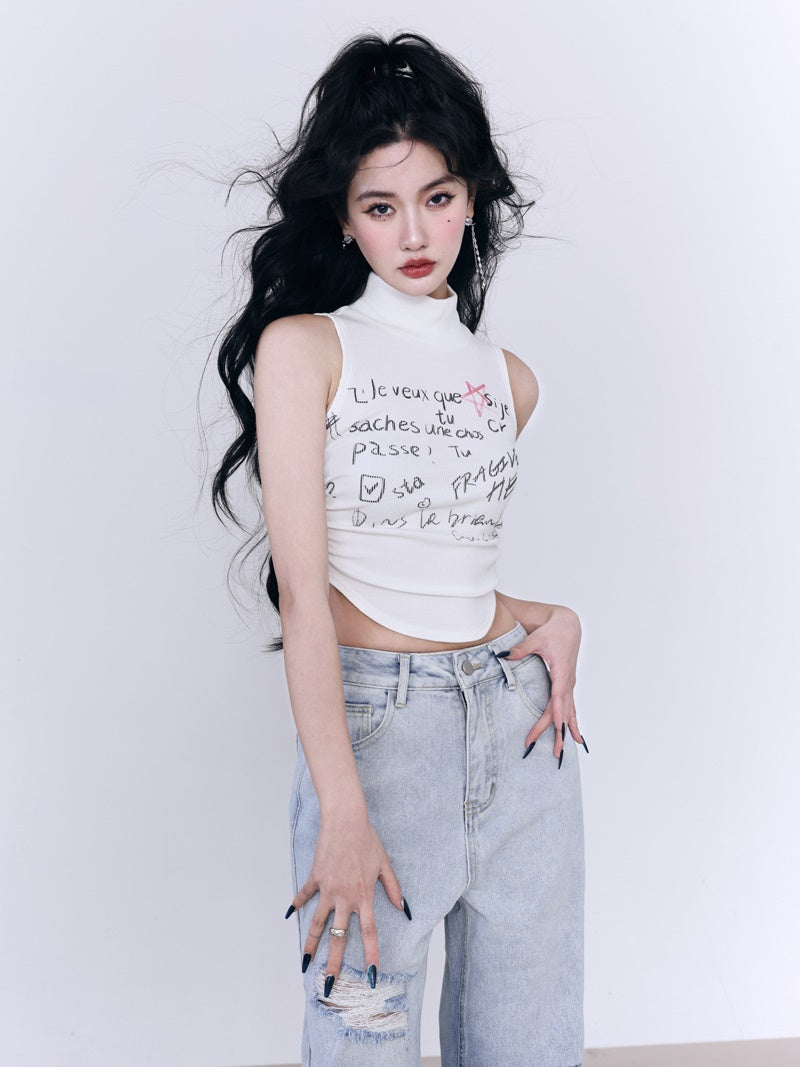 High-neck Sleeveless Round-cut Handwriting Tops