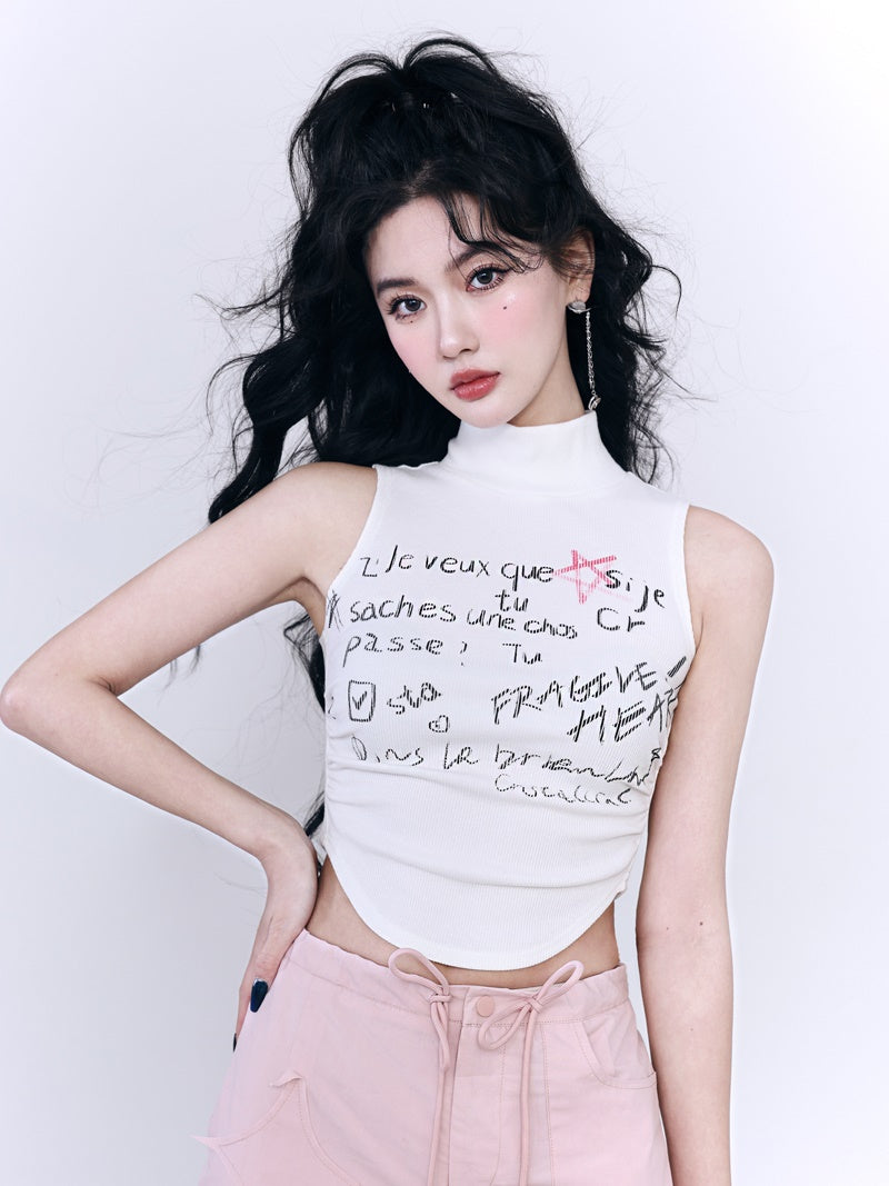 High-neck Sleeveless Round-cut Handwriting Tops