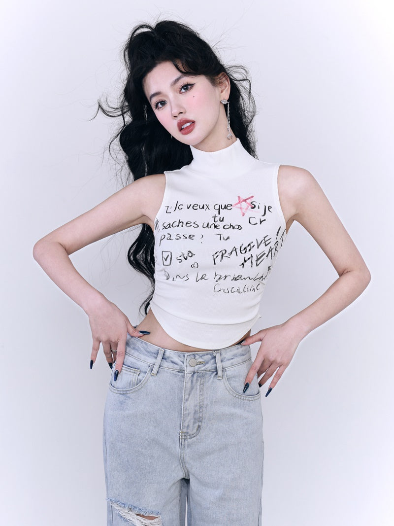High-neck Sleeveless Round-cut Handwriting Tops