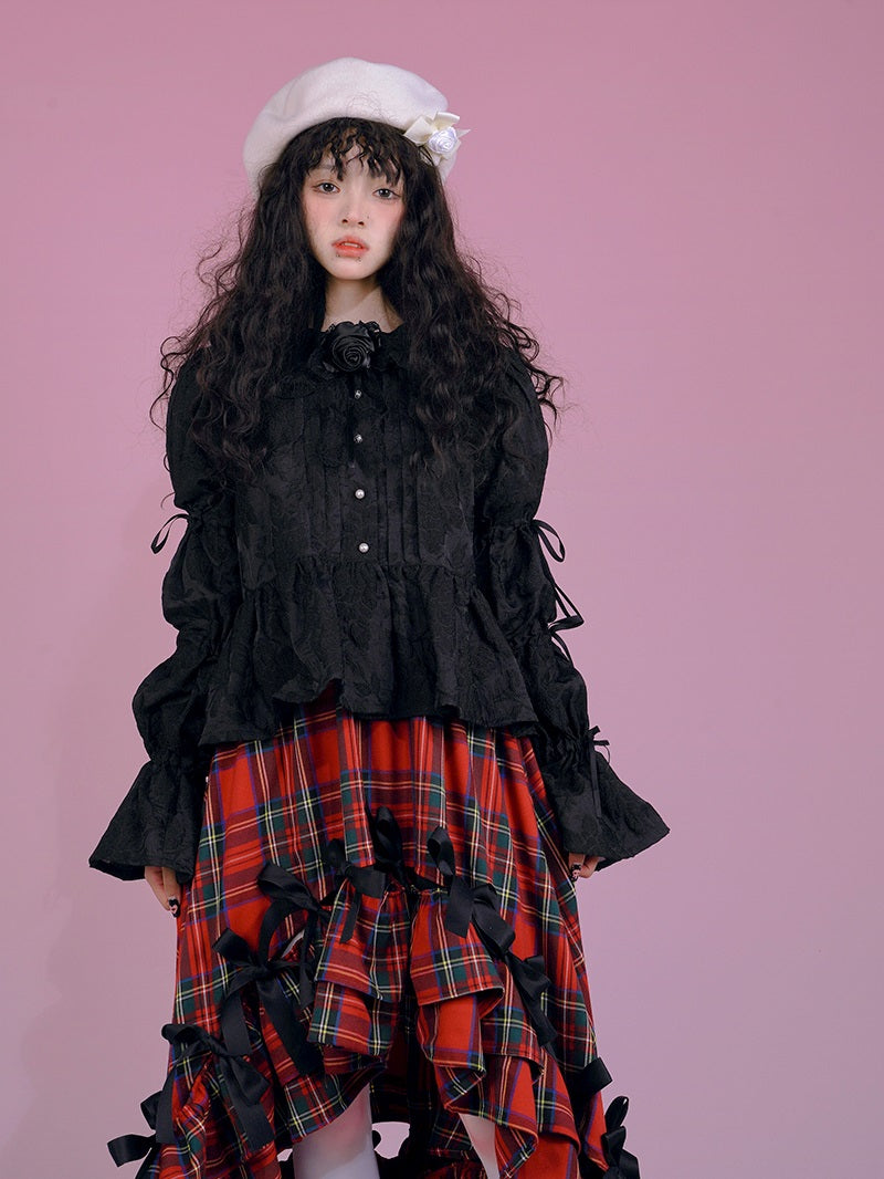 고딕 레이스 리본 프릴 자수 블라우스