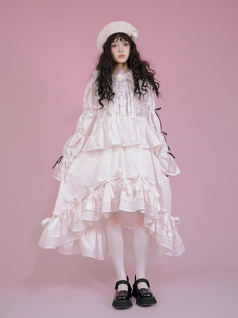 고딕 레이스 리본 프릴 자수 블라우스