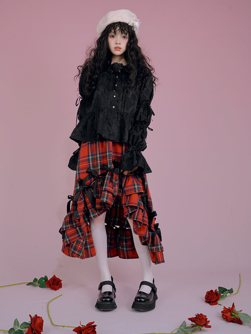 고딕 레이스 리본 프릴 자수 블라우스