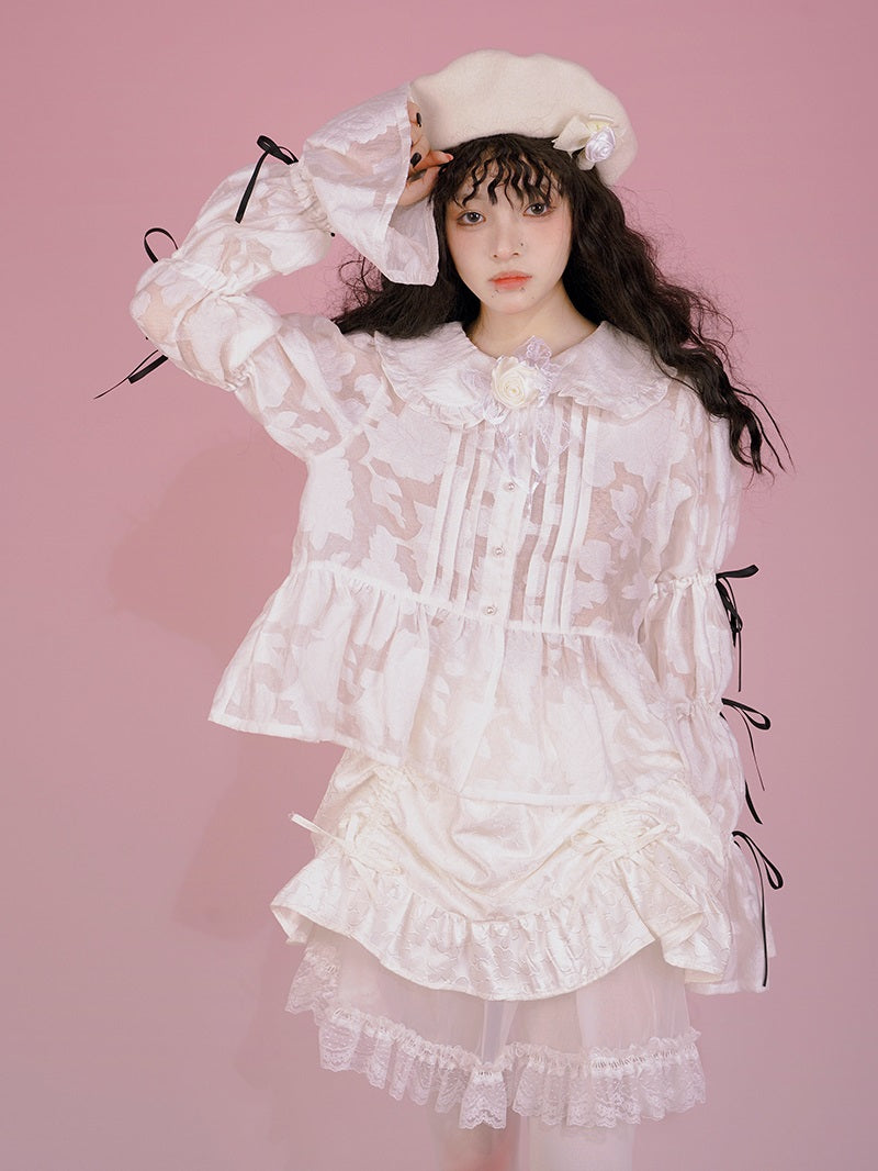고딕 레이스 리본 프릴 자수 블라우스
