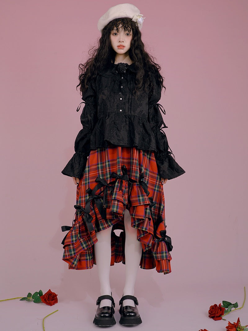 고딕 레이스 리본 프릴 자수 블라우스