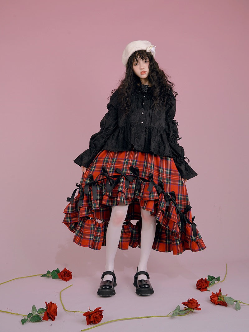 고딕 레이스 리본 프릴 자수 블라우스