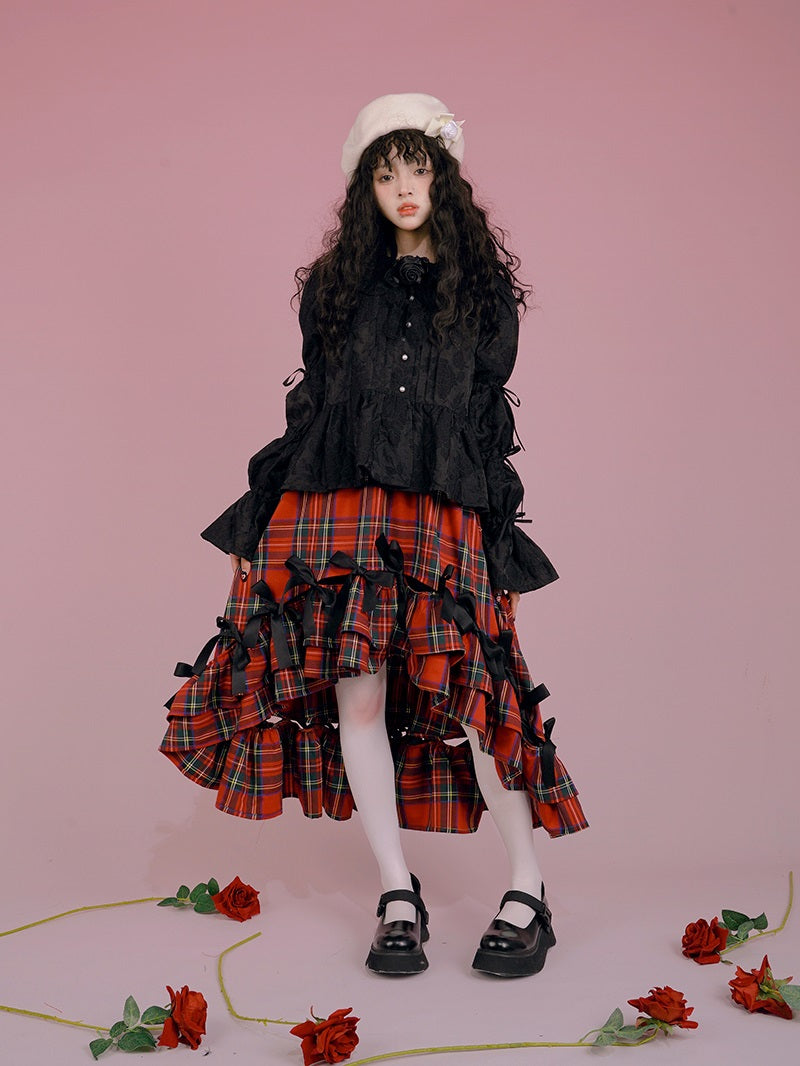 고딕 레이스 리본 프릴 자수 블라우스