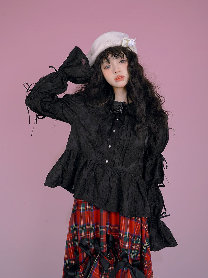 고딕 레이스 리본 프릴 자수 블라우스