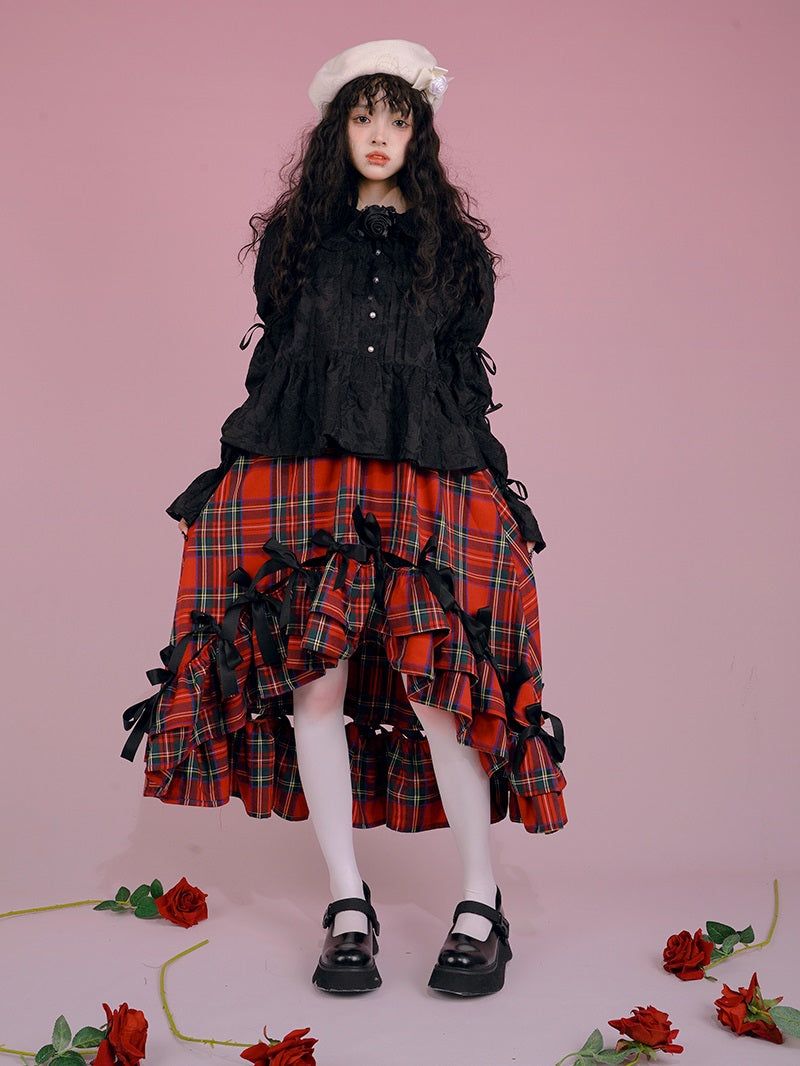 고딕 레이스 리본 프릴 자수 블라우스