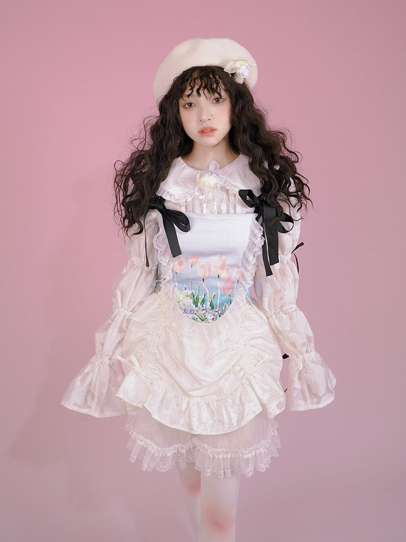 고딕 레이스 리본 프릴 자수 블라우스