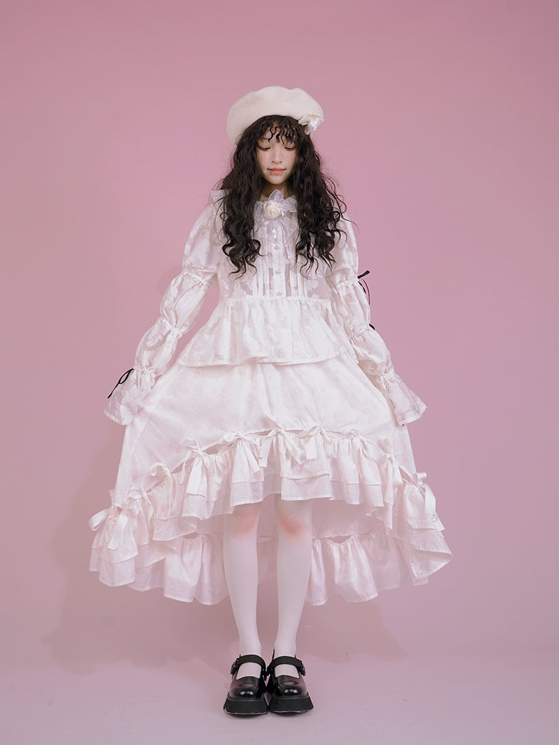 고딕 레이스 리본 프릴 자수 블라우스