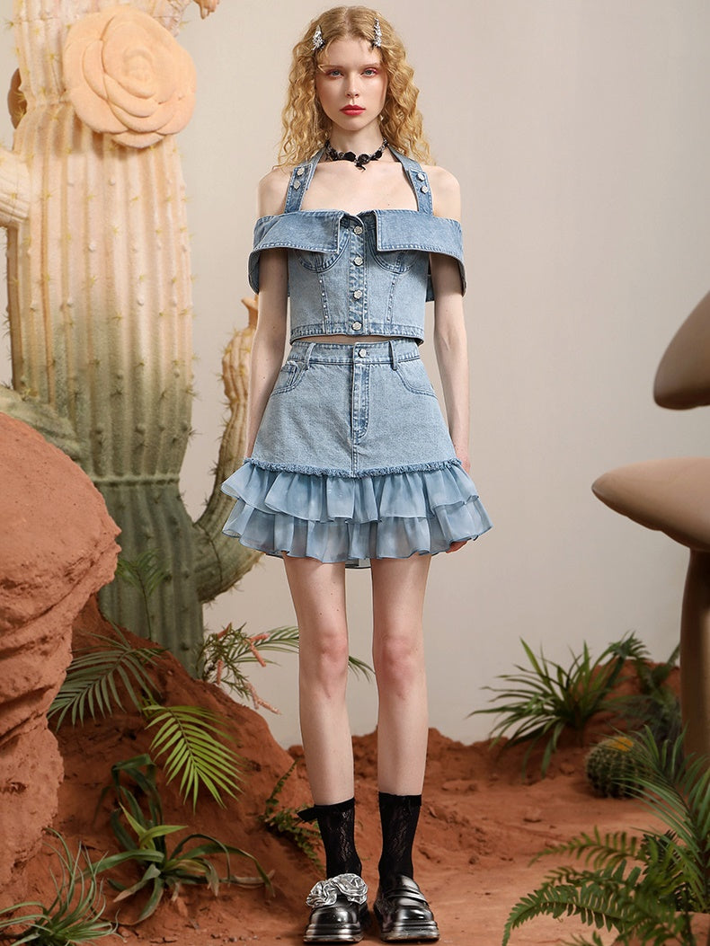 Tops & Rock Off-Shoulder-Frill Denim Lace Mix Nichi Setup