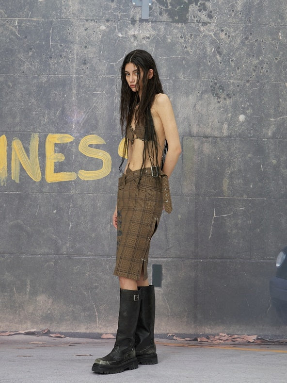 CHECKED COLLEGE SHIRT & TUBE-TOP & SKIRT