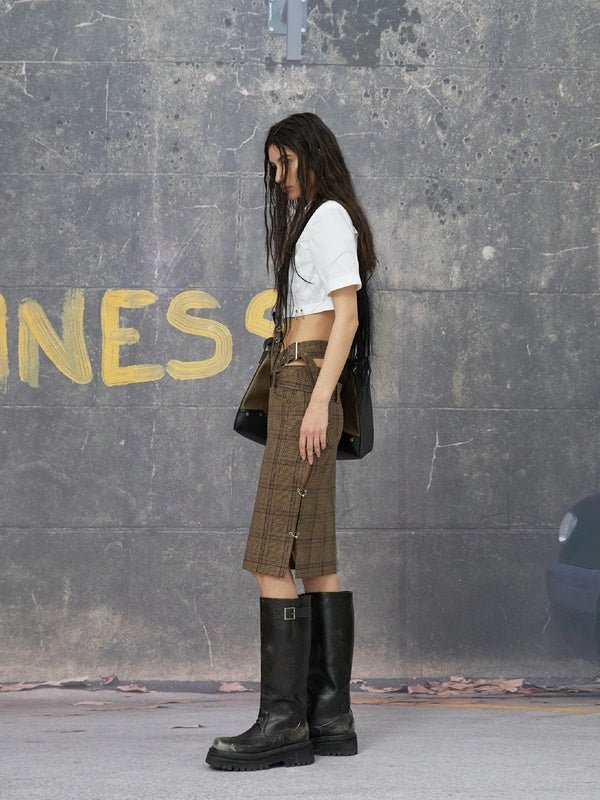 CHECKED COLLEGE SHIRT & TUBE-TOP & SKIRT