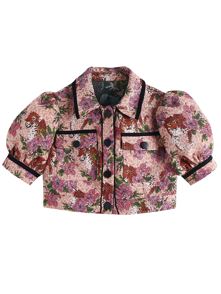 레트로 꽃 퍼프 슬리브 재킷 스커트