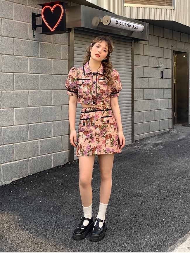 레트로 꽃 퍼프 슬리브 재킷 스커트