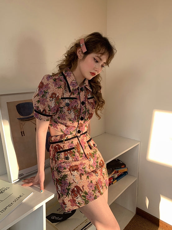 레트로 꽃 퍼프 슬리브 재킷 스커트