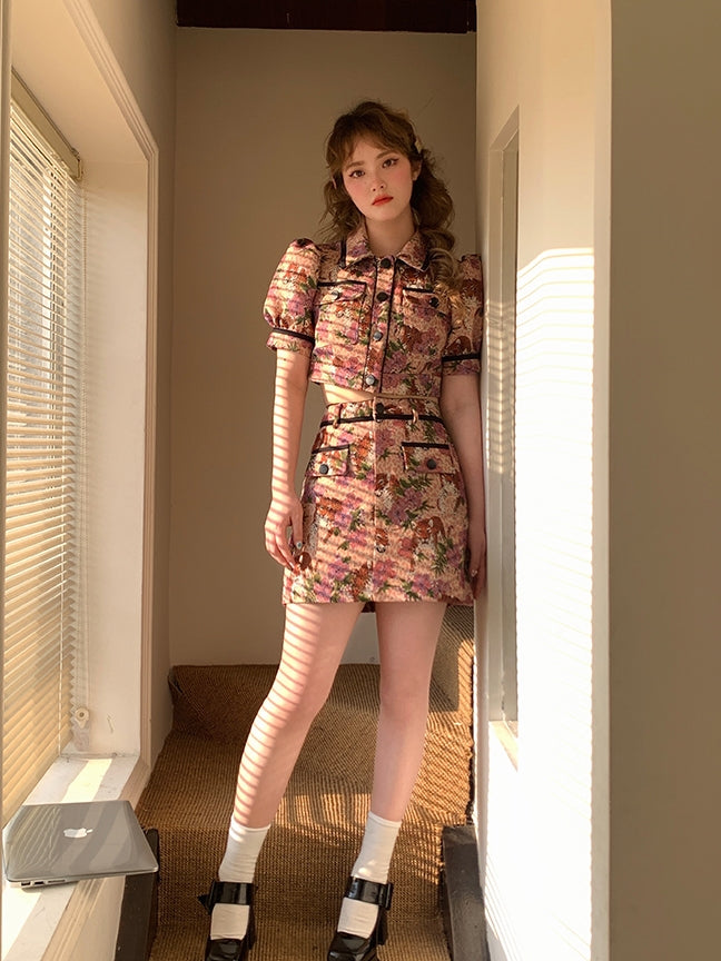 레트로 꽃 퍼프 슬리브 재킷 스커트