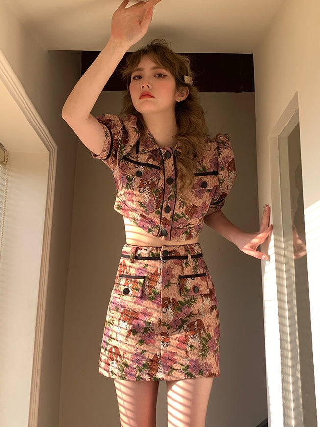 레트로 꽃 퍼프 슬리브 재킷 스커트