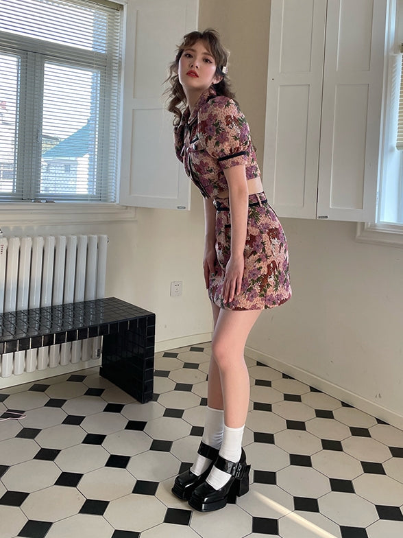 레트로 꽃 퍼프 슬리브 재킷 스커트