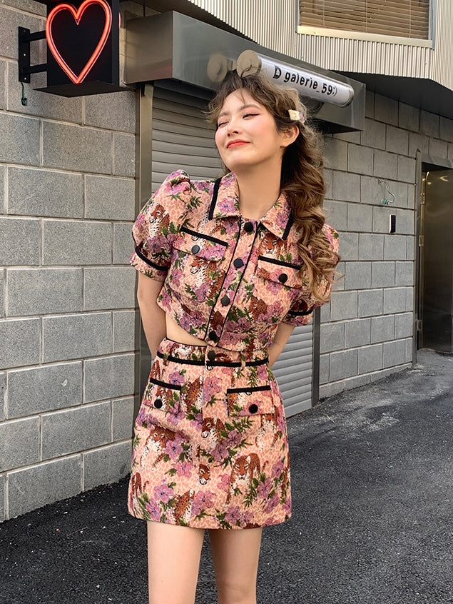 레트로 꽃 퍼프 슬리브 재킷 스커트