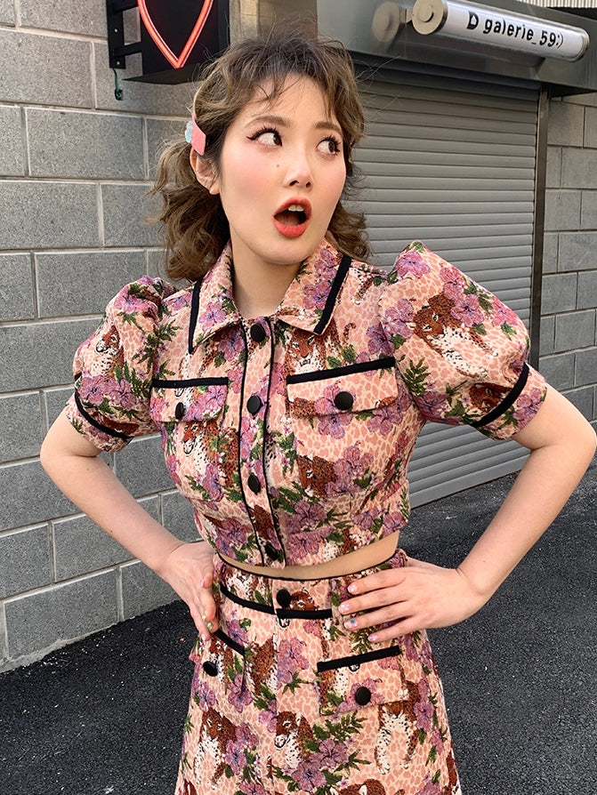 레트로 꽃 퍼프 슬리브 재킷 스커트