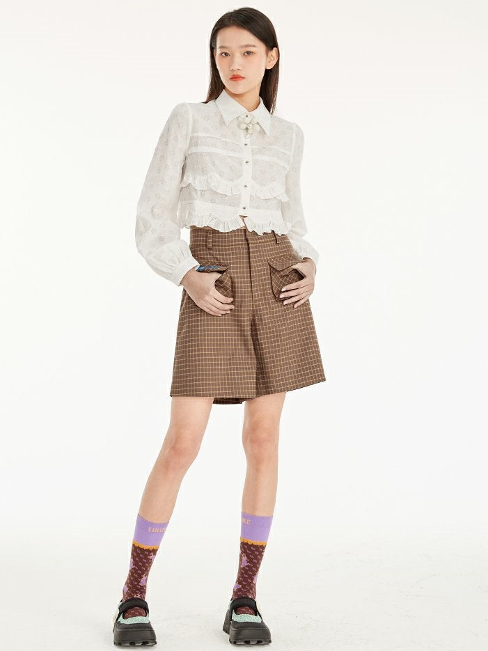 CHECKED FANCY FLARE CASUAL SHORT-PANTS