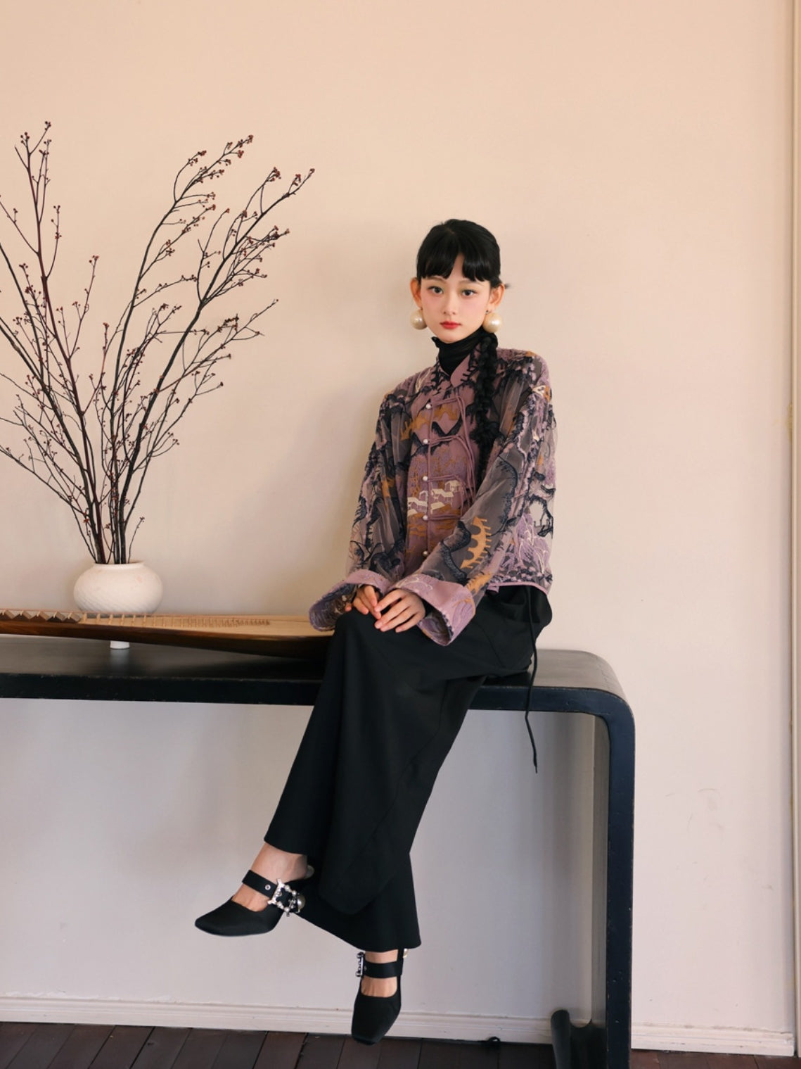 자수 중국 레트로 시프 스루 탑