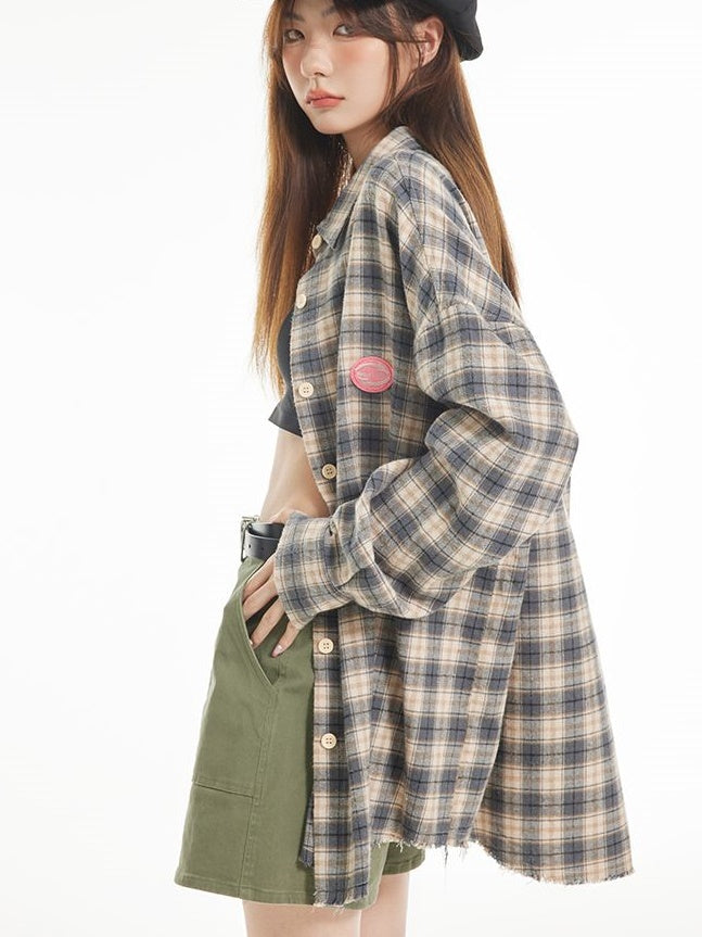 격자 무늬 대형 레트로 빈티지 셔츠