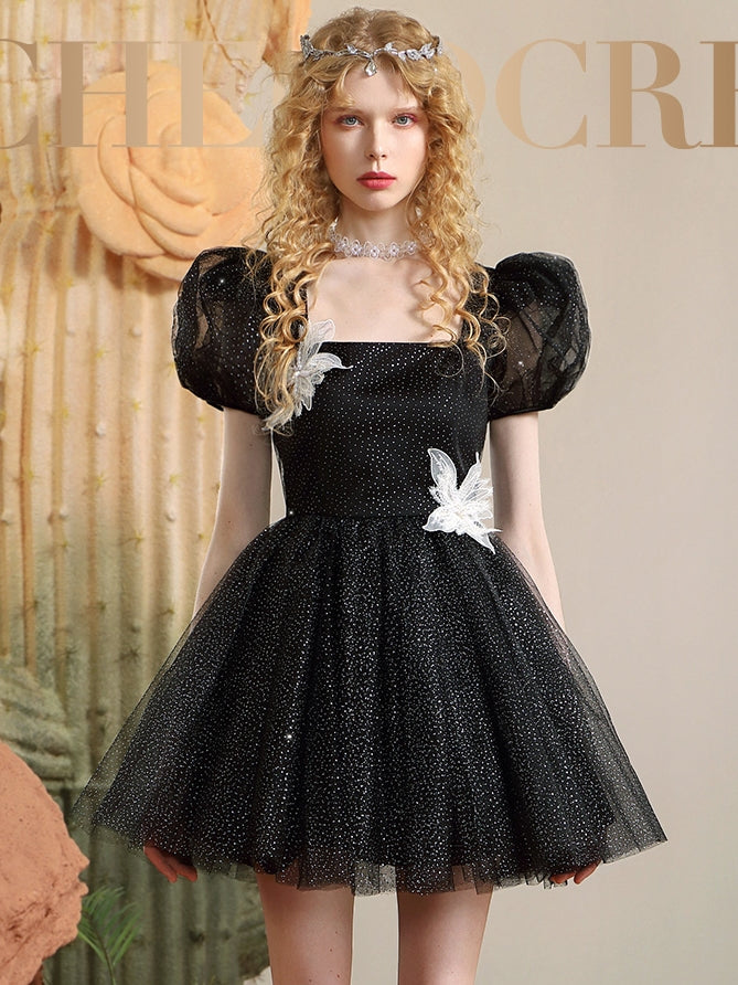 Princess Puff-Sleeve Ciffon a-line Sheer Dress