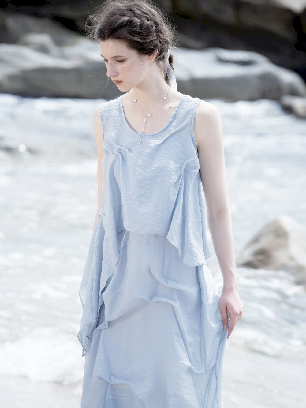 Natural Off-Shouder 2way Sheer Long Tops & One-Piece