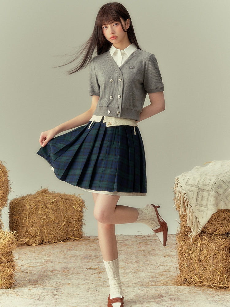 V-NECK COLLEGE SHORL KNIT HALF-SLEEVE CARDIGAN