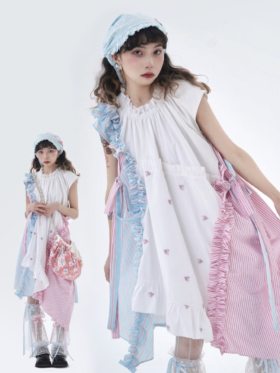 Fancy Patchwork Asymmetry Stripe Pale Girly Retro One-Piece