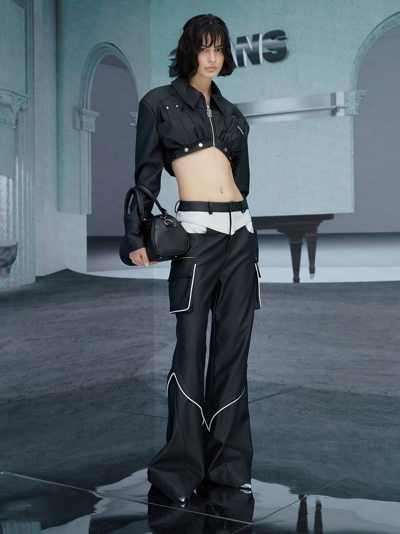 2way Leather Mix Nichi Cool Cropped Tops
