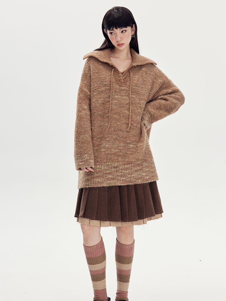 BORDER LOOSE BIG-COLLAR DAMAGE LACE-UP KNIT