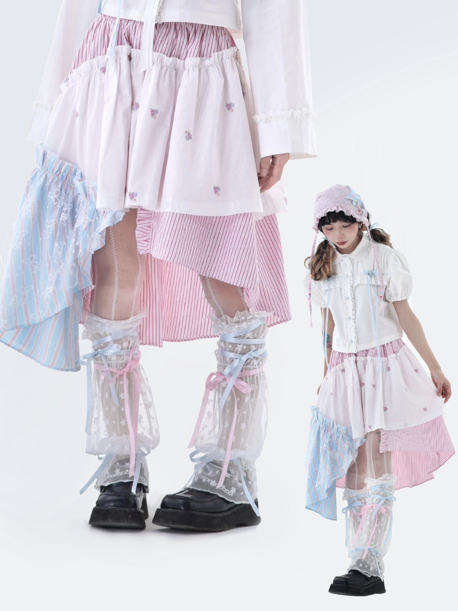 Fancy Patchwork Asymmetry Stripe Pale Girly Retro Skirt