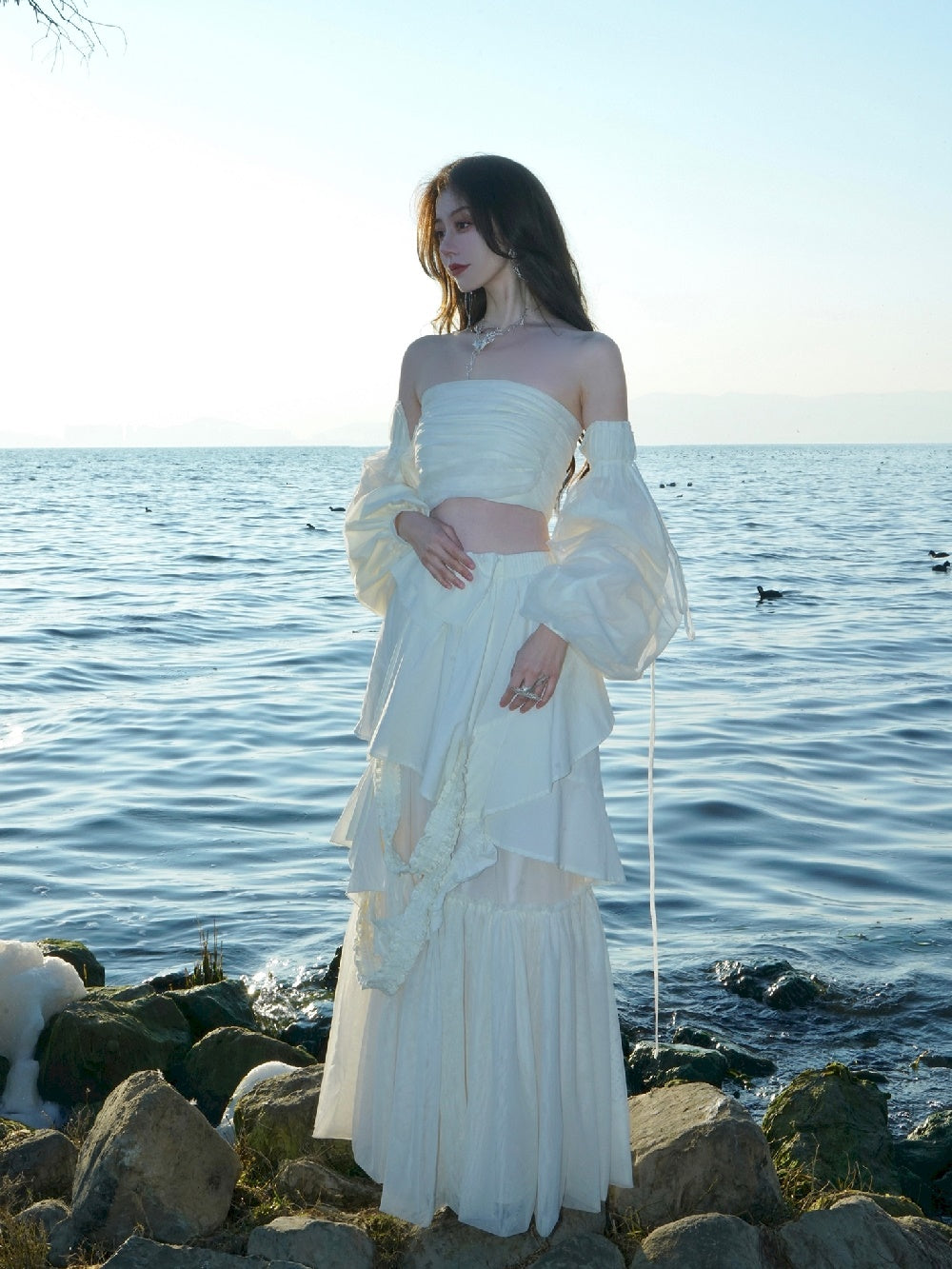 비대칭 계층 레이스 니치 긴 스커트