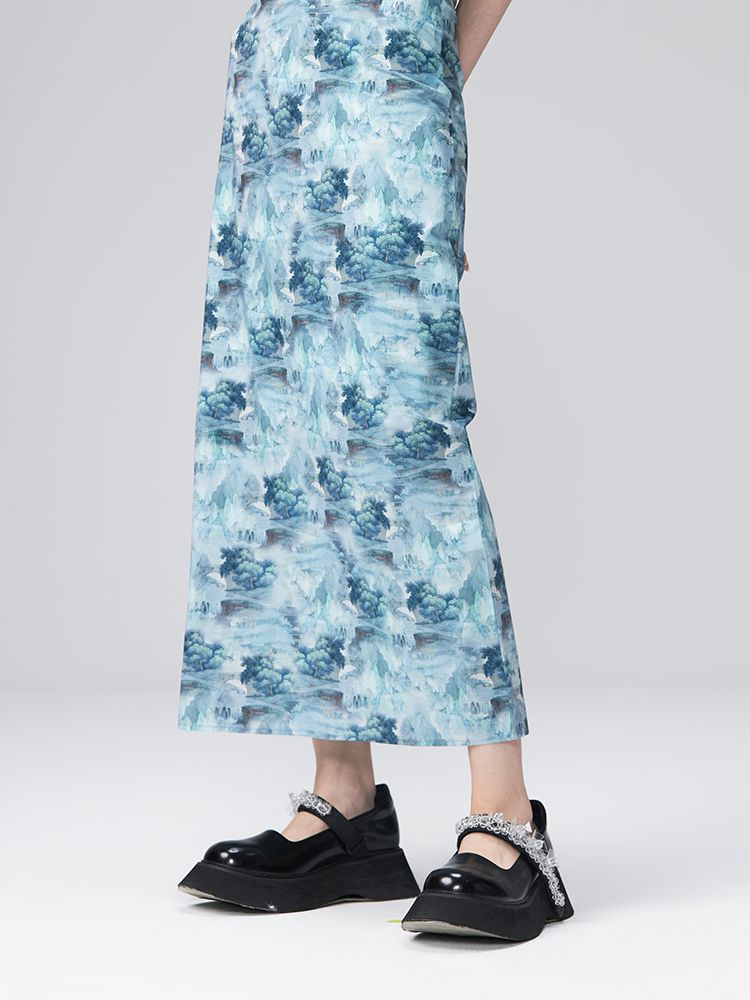 PUFF-SLEEVE FLOWER RETRO BLOUSE & PENCIL-SKIRT