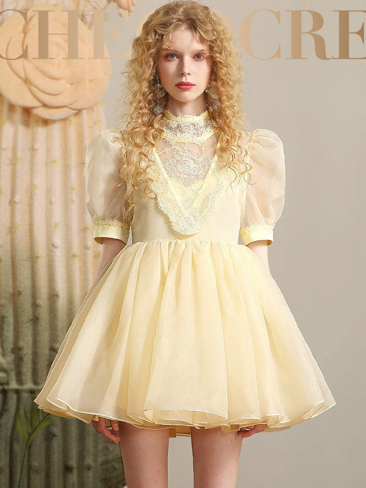 Heart back-open Puff-Sleeve See-Through Lace Dress – ARCANA ARCHIVE