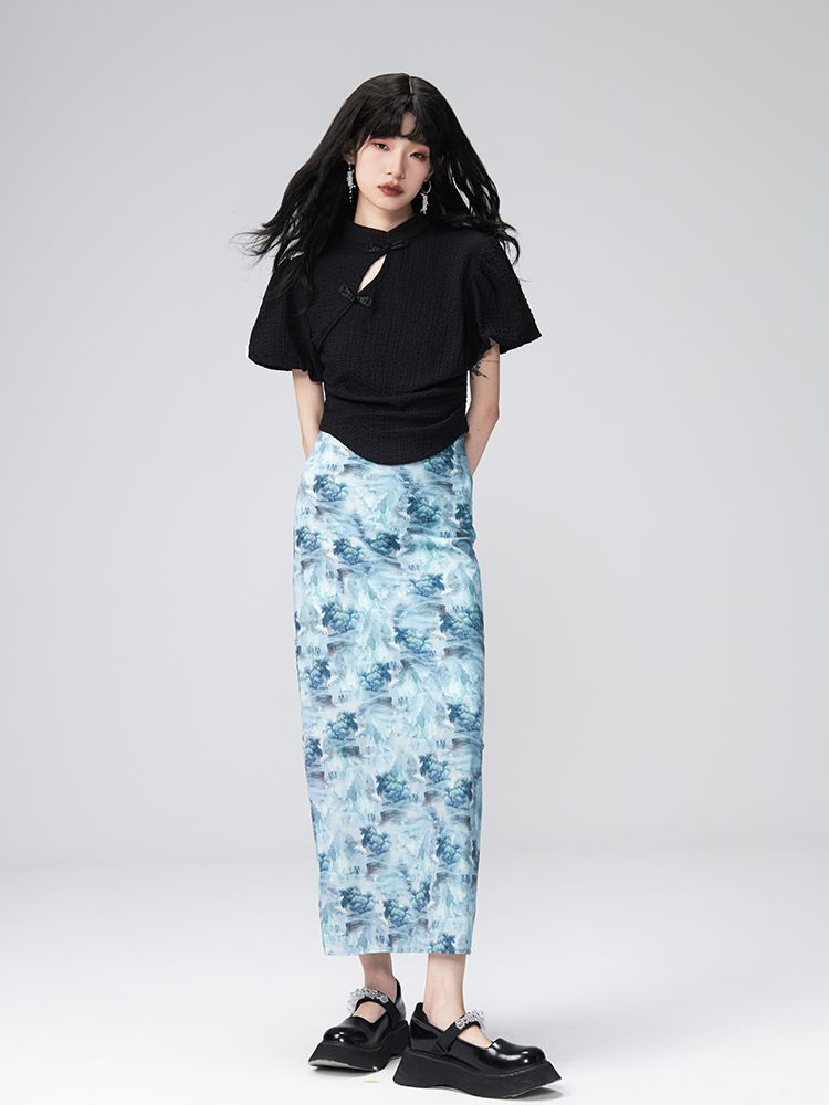 PUFF-SLEEVE FLOWER RETRO BLOUSE & PENCIL-SKIRT