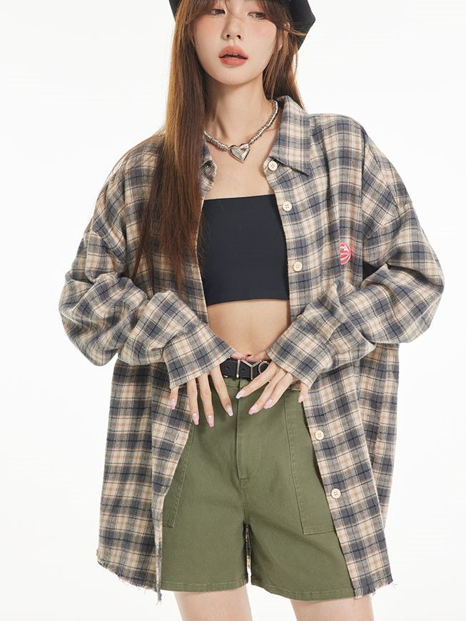 격자 무늬 대형 레트로 빈티지 셔츠