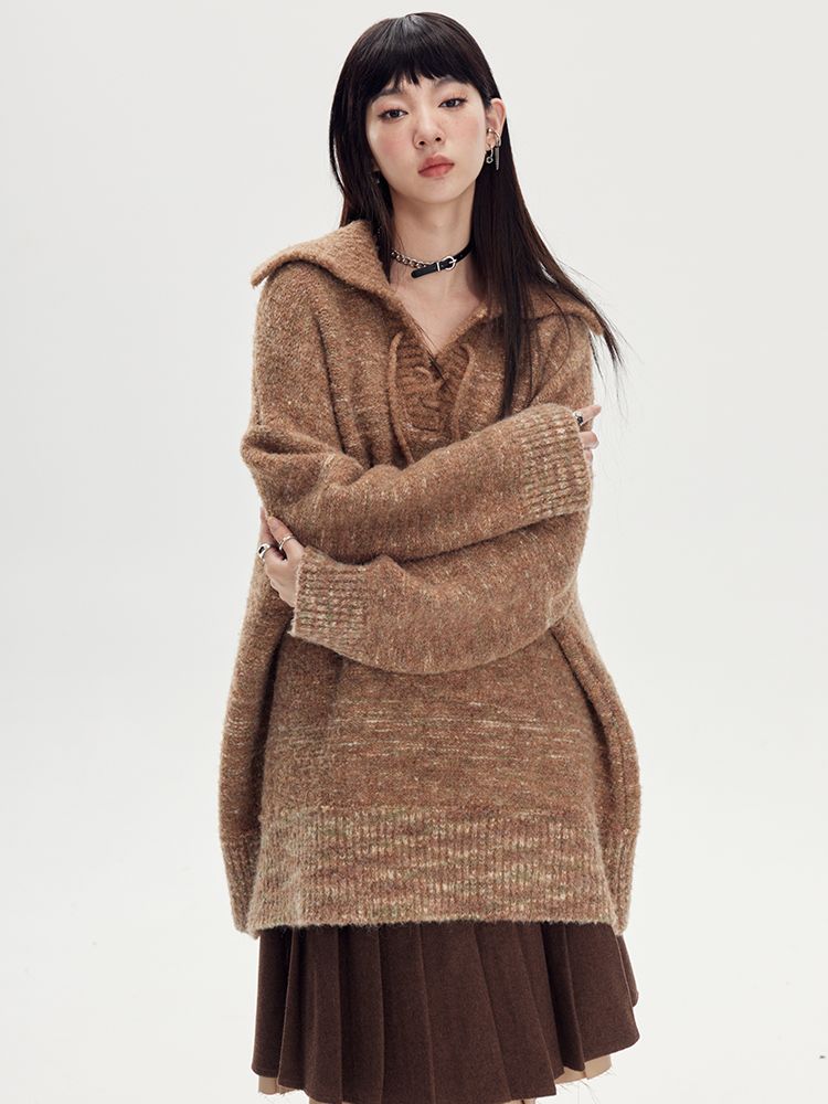 BORDER LOOSE BIG-COLLAR DAMAGE LACE-UP KNIT