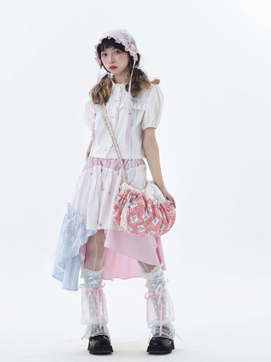 Fancy Patchwork Asymmetry Stripe Pale Girly Retro Skirt