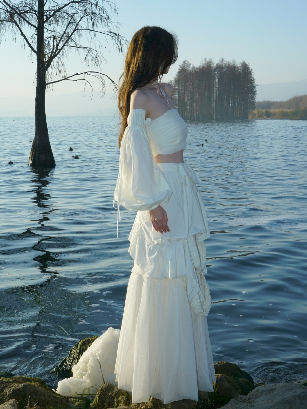 비대칭 계층 레이스 니치 긴 스커트