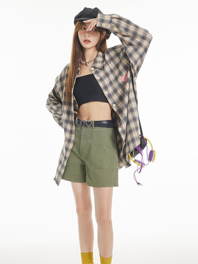 격자 무늬 대형 레트로 빈티지 셔츠