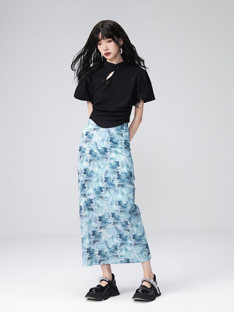 PUFF-SLEEVE FLOWER RETRO BLOUSE & PENCIL-SKIRT