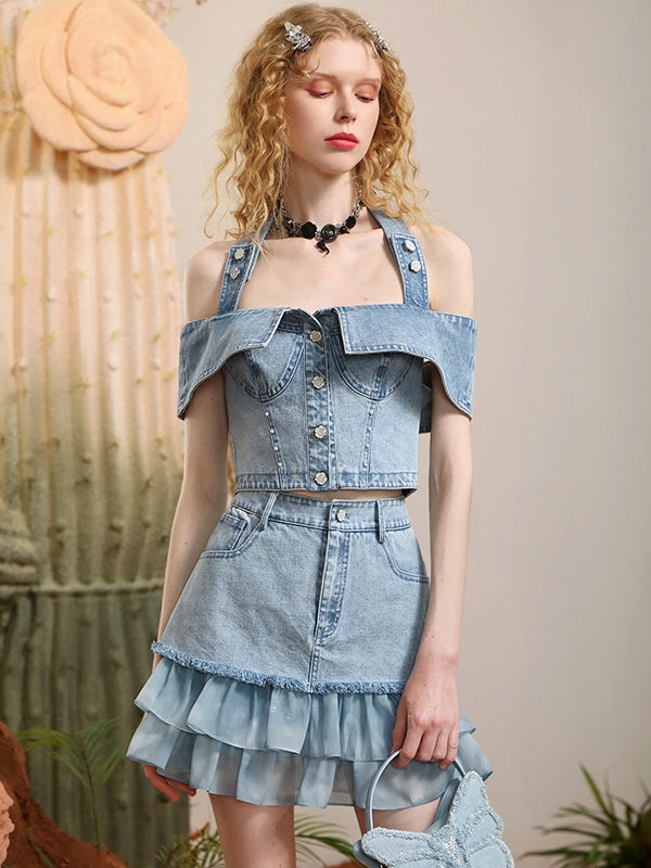 Tops & Rock Off-Shoulder-Frill Denim Lace Mix Nichi Setup