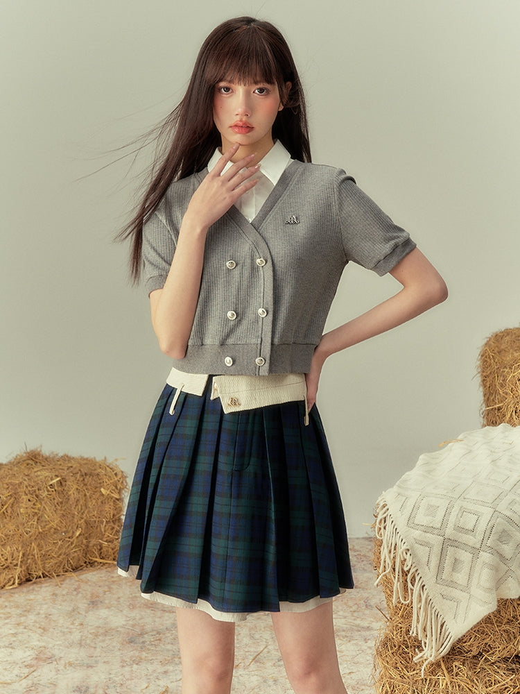 V-NECK COLLEGE SHORL KNIT HALF-SLEEVE CARDIGAN