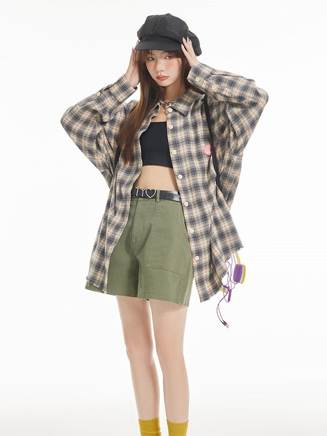 격자 무늬 대형 레트로 빈티지 셔츠