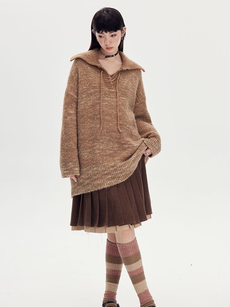 BORDER LOOSE BIG-COLLAR DAMAGE LACE-UP KNIT